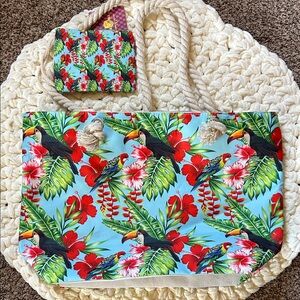 NWT Tropical Toucan and Floral Tote with Rope Handles and coin purse